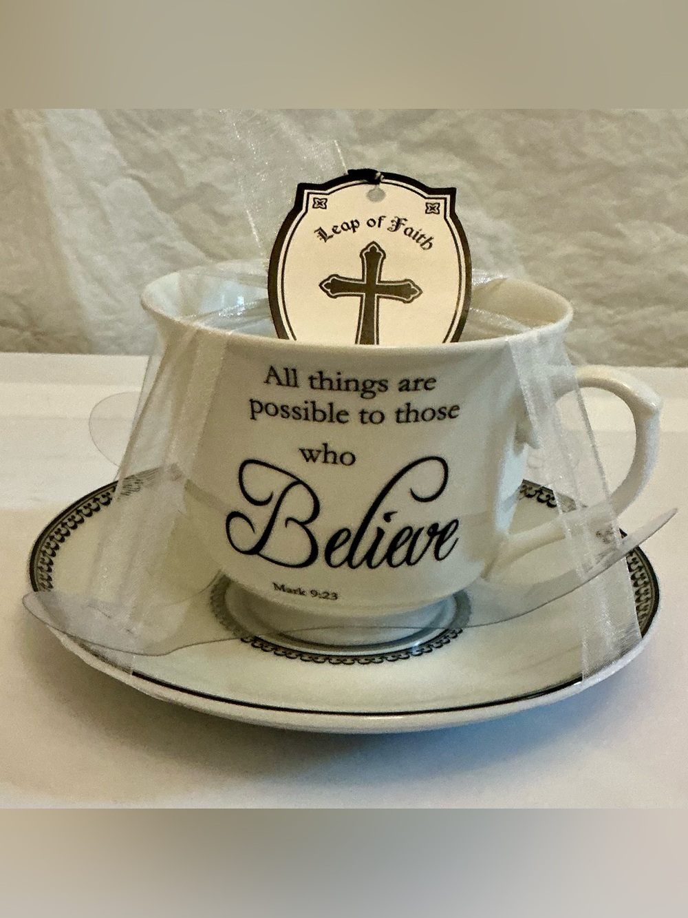 NEW Ivory Believe Inspirational Teacup & Saucer Gift Set | Scripture Tea Cup